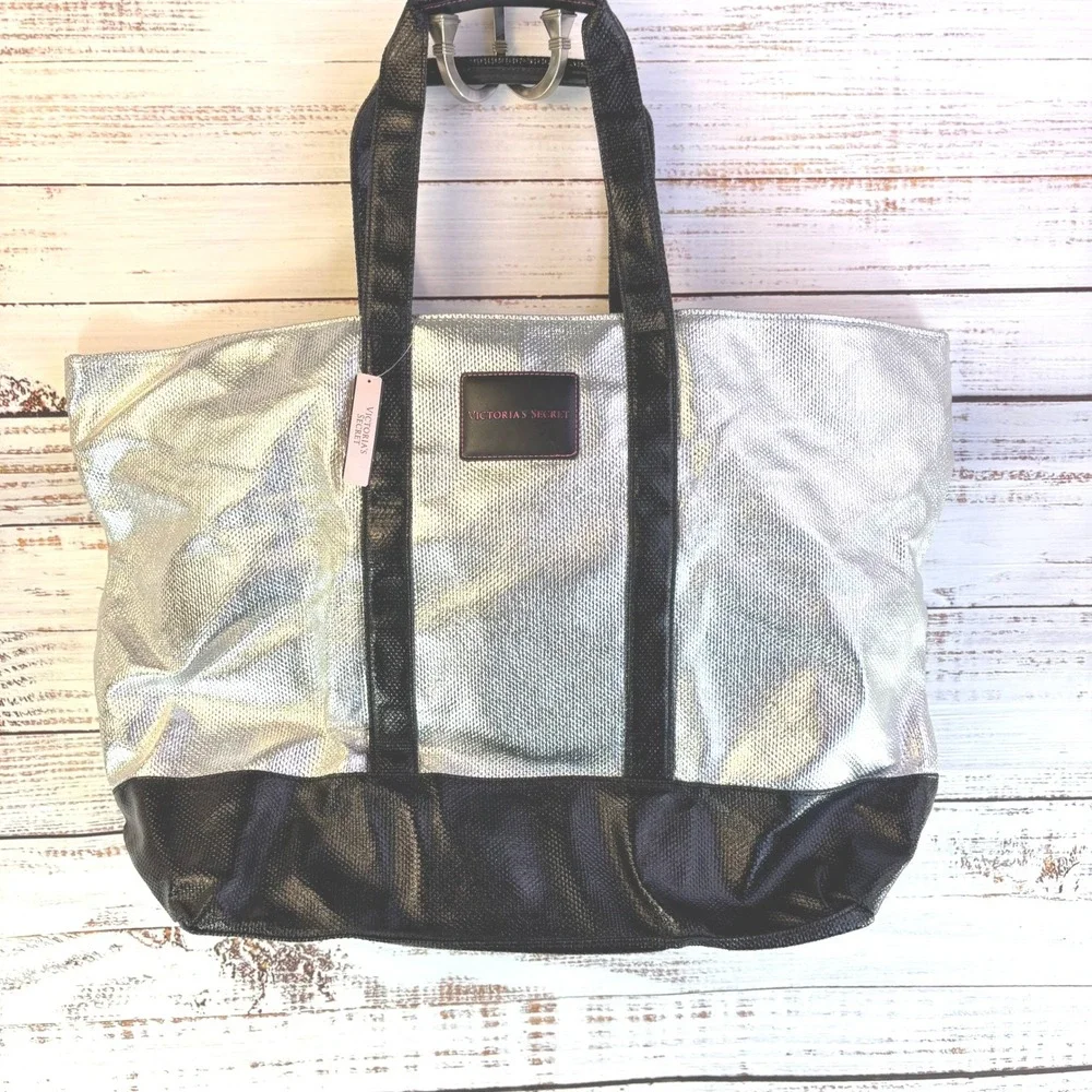 Victoria's Secret Tote Bag Silver Black Metallic Textured Y2K Aesthetic NWT
